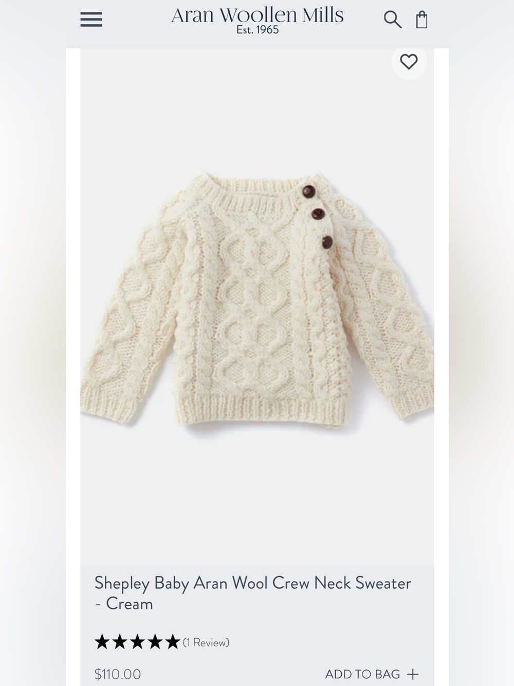 NWT - Shepley Baby Aran Wool Crew Neck Sweater - from Ireland